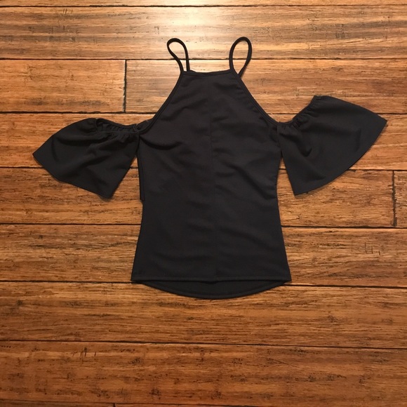 Cold Shoulder Ruffle Blue Top - Picture 4 of 4